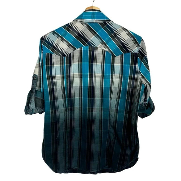 Rock & Roll Cowgirl Women's Size L Button Down Blue Black Pearl Snaps Western - Picture 4 of 13